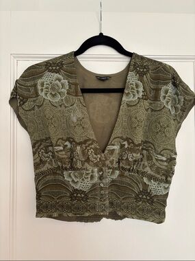 Guess Olive Green Floral V-Neck Crop Top